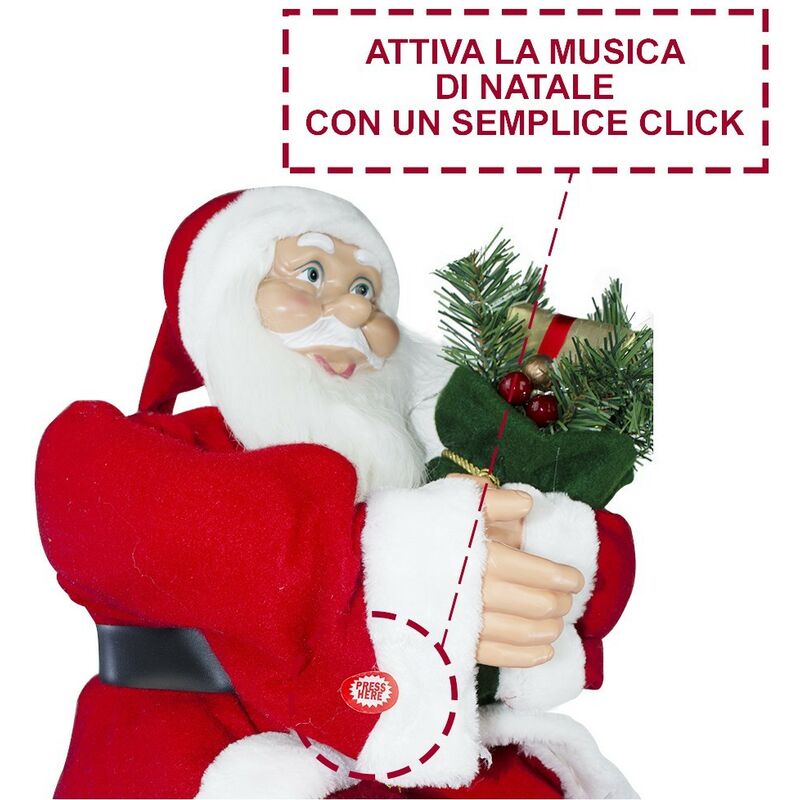 Père Noël assis sur la chaise 90cm 144059 avec sac cadeaux et sons de décoration