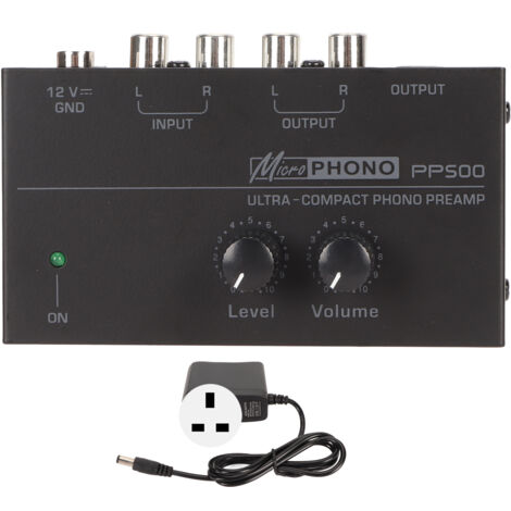 Préampli Phono Haute Fidélité avec Contrôle de Volume - Préamplificateur pour Platine Vinyle, Alimentation 100-240V, Prise UK