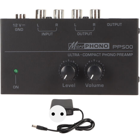 Préampli Phono pour Platines Vinyle, Contrôle de Volume Indépendant, Ultra Faible Bruit, Alimentation 100‑240V, Prise UE