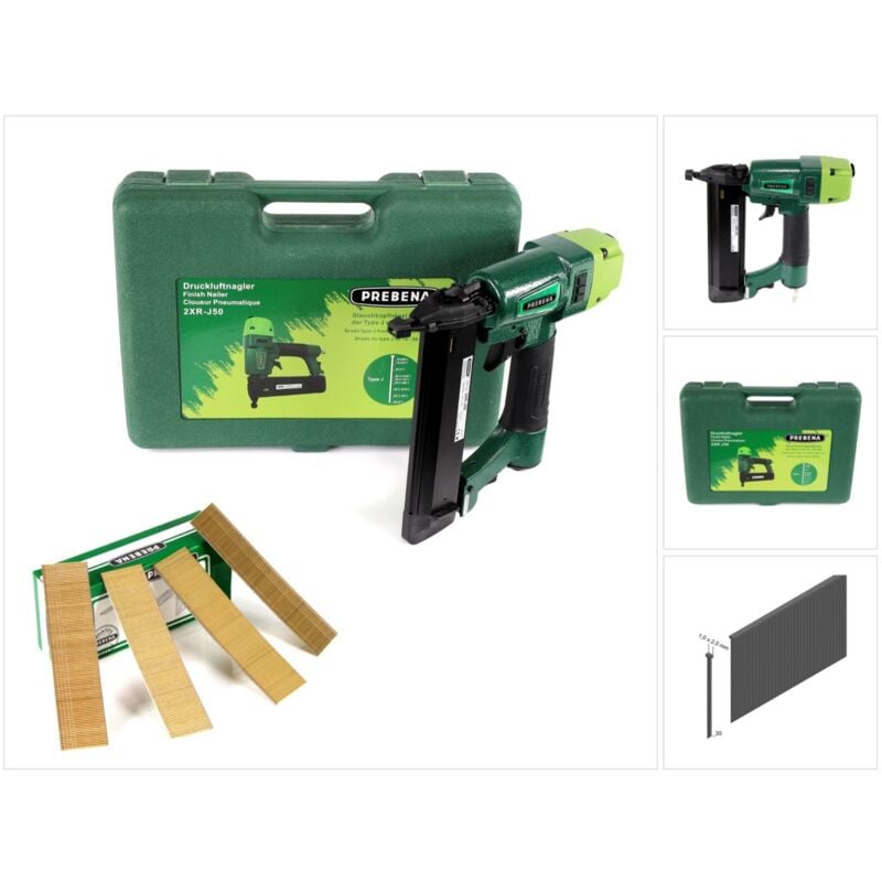 2XR-J50 Cloueur pneumatique en mallette de transport + 5000x clous à tête écrasée Brads 30mm - en acier galvanisé, résiné - Prebena