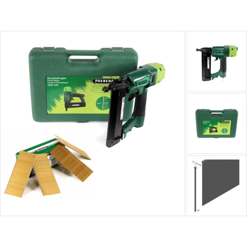 2XR-J50 Cloueur pneumatique 5-7 bar + Coffret de transport + 4000x Pointes Brads 50mm - en acier galvanisé, résine - Prebena