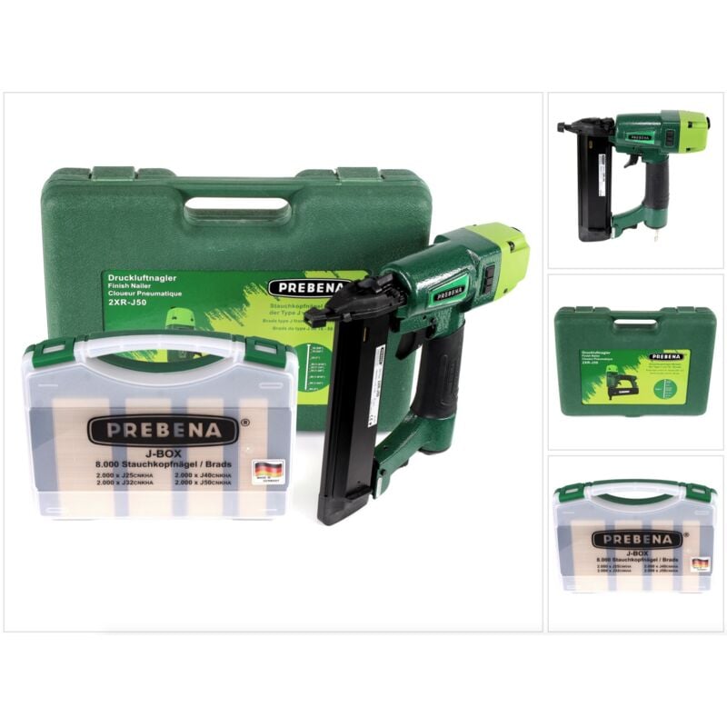 2XR-J50 Cloueur pneumatique + Coffret + Pointes/Brads à tête refoulé j-box, 8000 pcs. - Prebena