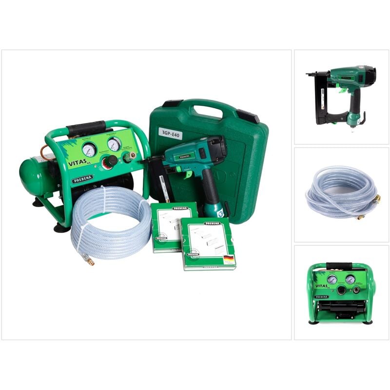 3GP-E40 ensemble complet Cloueuse pneumatique + Compresseur vitas 45 + 10m de tuyau + 9200x Agrafe assortie type e (25mm / 32mm) - Prebena