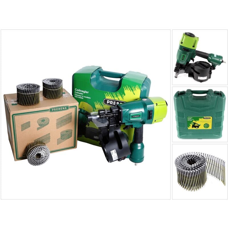 8XR-CNW90 Cloueuse pneumatique à rouleau avec mallette de transport + CNW31/90BKRI Lot de 3600 clous à ongles - Prebena