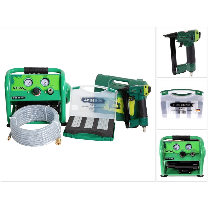 Komplettpaket 1XR-A16 Cloueur pneumatique pour pointes (Clous) avec Coffret de transport + Tuyau d'air comprimé 10 m + Compresseur vitas 45 + Agrafes