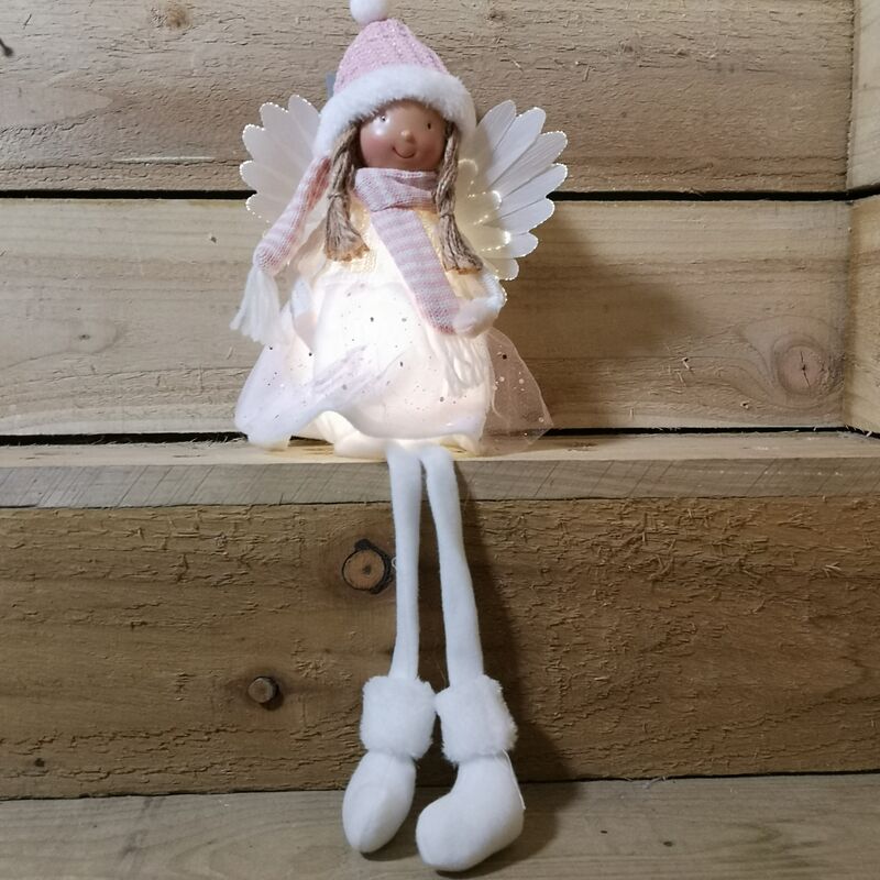 50cm Christmas Sitting Angel with Wings & LED Light - Pink Hat - Premier