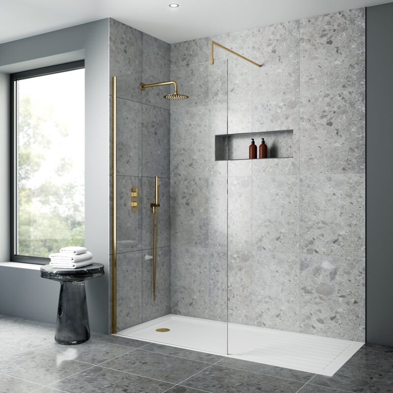 Nuie - Wet Room Screen 1850mm High x 1200mm Wide with Support Bar 8mm Glass - Brushed Brass