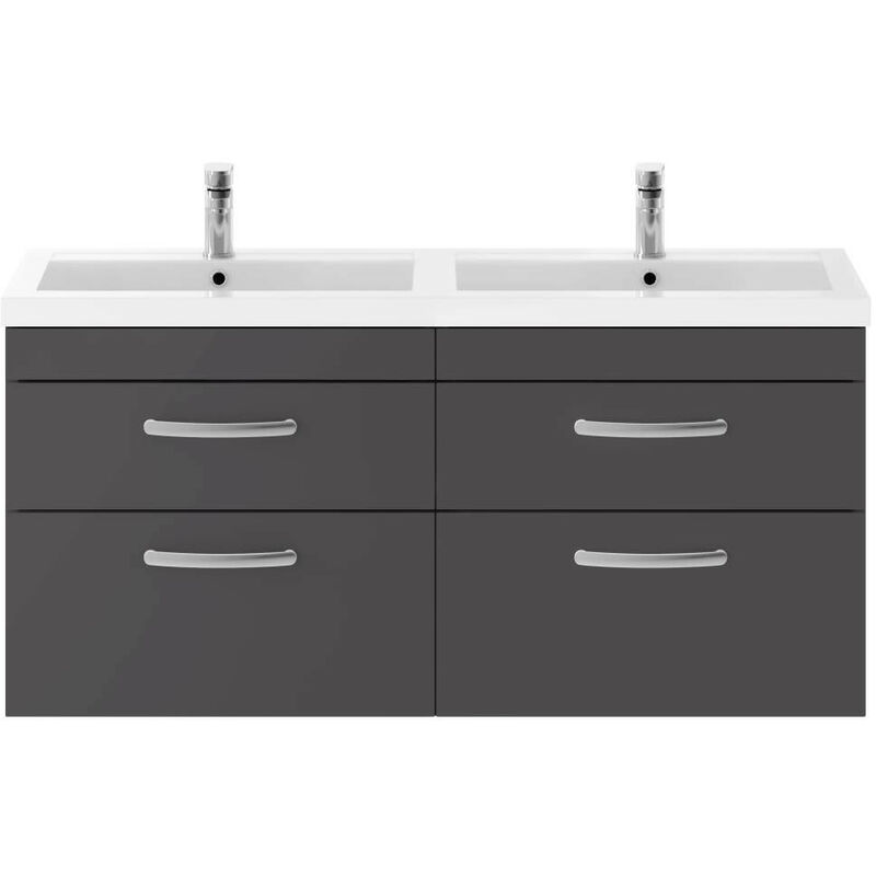 Athena Gloss Grey 1200mm Wall Hung 4 Drawer Vanity Unit with Double Basin - ATH078C - Grey - Nuie