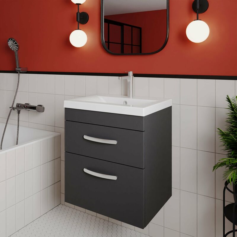 Athena Wall Hung 2-Drawer Vanity Unit with Basin-2 500mm Wide - Gloss Grey - Nuie