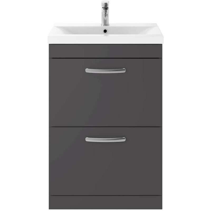 Athena Gloss Grey 600mm 2 Drawer Vanity Unit with 18mm Profile Basin - ATH076B - Nuie