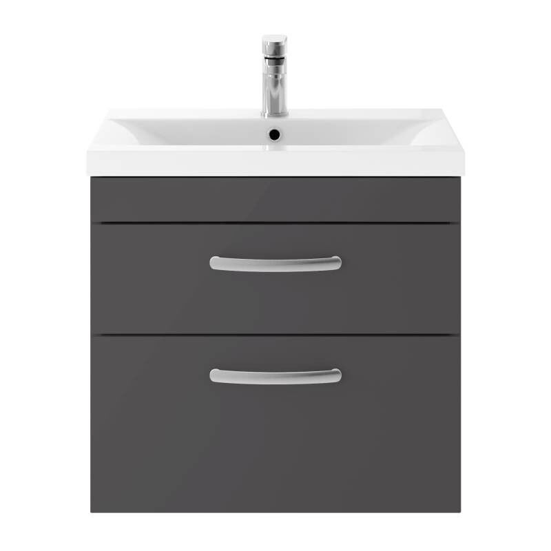 Athena Gloss Grey 600mm Wall Hung 2 Drawer Vanity Unit with 18mm Profile Basin - ATH078B - Grey - Nuie