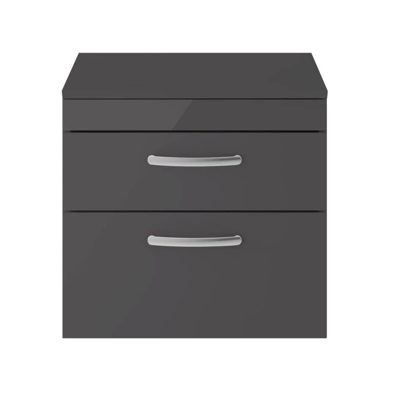 Athena Gloss Grey 600mm Wall Hung 2 Drawer Vanity Unit with Worktop - ATH078W - Nuie