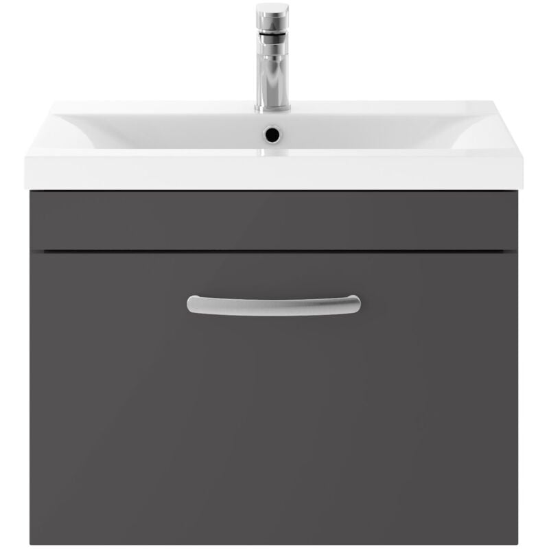 Athena Wall Hung 1-Drawer Vanity Unit with Basin-1 600mm Wide - Gloss Grey - Nuie