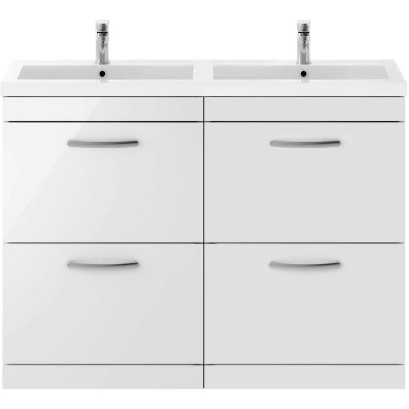 Athena Gloss White 1200mm 4 Drawer Vanity Unit with Double Basin - ATH034C - Nuie