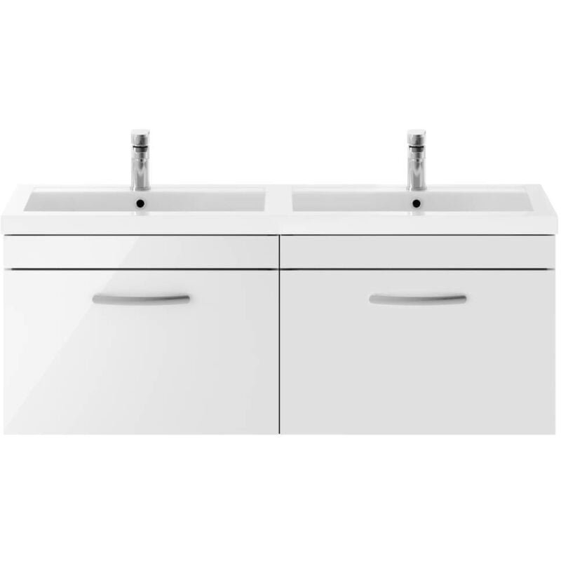 Athena Gloss White 1200mm Wall Hung 2 Drawer Vanity Unit with Double Basin - ATH041C - Nuie