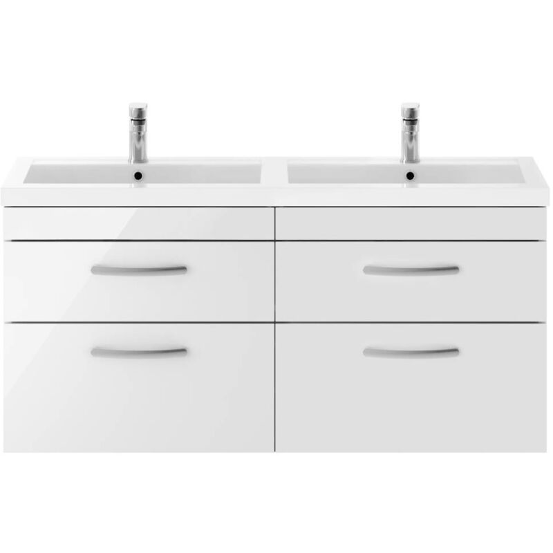 Athena Gloss White 1200mm Wall Hung 4 Drawer Vanity Unit with Double Basin - ATH048C - White - Nuie