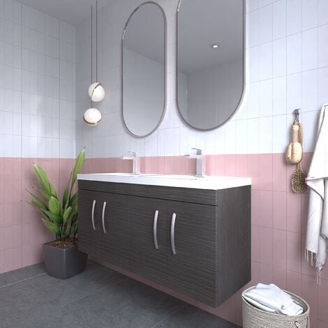 Nuie Athena Wall Hung 4-Door Vanity Unit with Double Basin 1200mm Wide - Brown Grey Avola