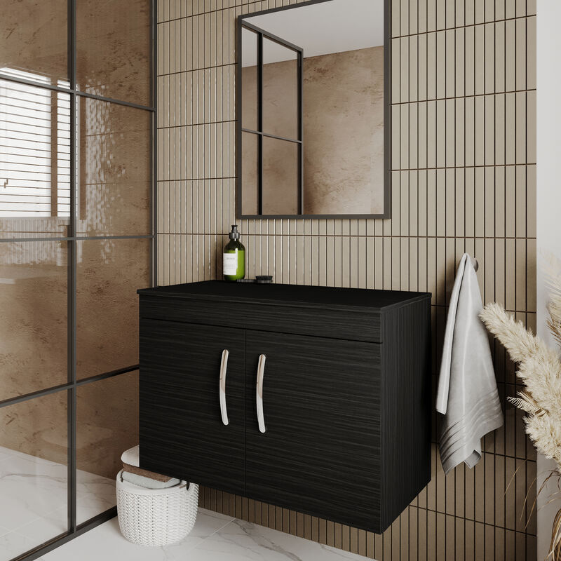 Athena Wall Hung 2-Door Vanity Unit and Worktop 800mm Wide - Hacienda Black - Nuie