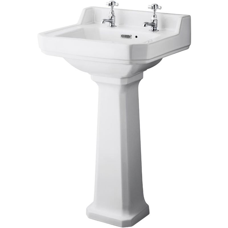 Milano Richmond - Traditional White Ceramic Bathroom Basin Sink with Full Pedestal and Two Tap Holes - 500mm x 350mm