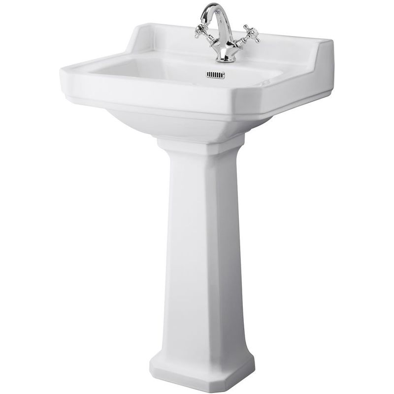 Richmond - Traditional White Ceramic Bathroom Basin Sink with Full Pedestal and One Tap Hole - 595mm x 470mm - Milano