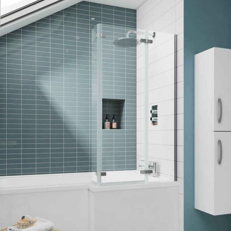 Ella Bath Screen with Hinged End Panel 1400mm h x 810mm w - 5mm Glass - Nuie