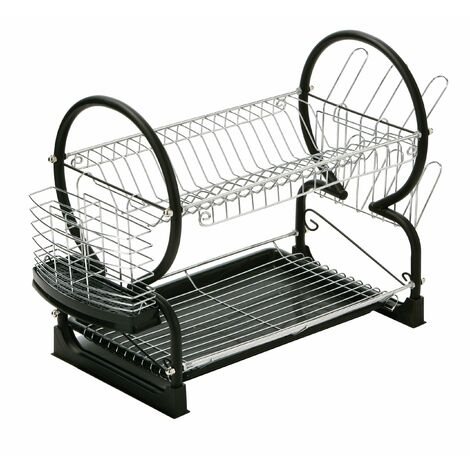 PREMIER Housewares 0509635 Scolapiatti, 2 Ripiani, Vasca di Gocciolamento Rimovibile, Cromo/Smalto, Nero