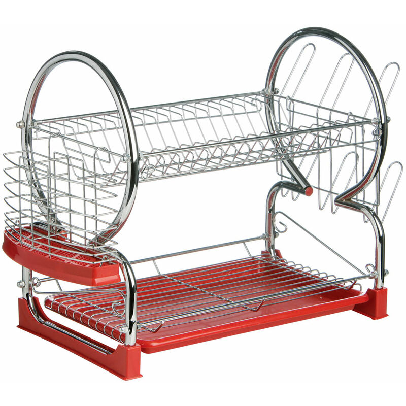2 Tier Dish Drainer with Red Plastic Tray - Premier Housewares