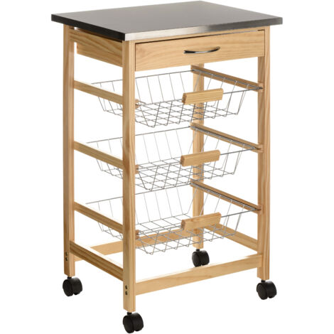 Premier Housewares 3 Wire Baskets Pinewood Kitchen Trolley