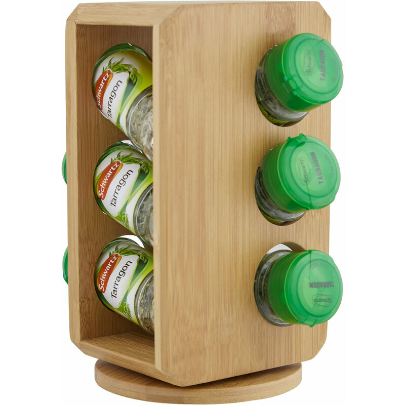 Premier Housewares 6 Bottles Bamboo Wood Revolving Spice Rack Spice Storage Sturdy Wooden Build Saves Cupboard Space w18 x d18 x h17cm