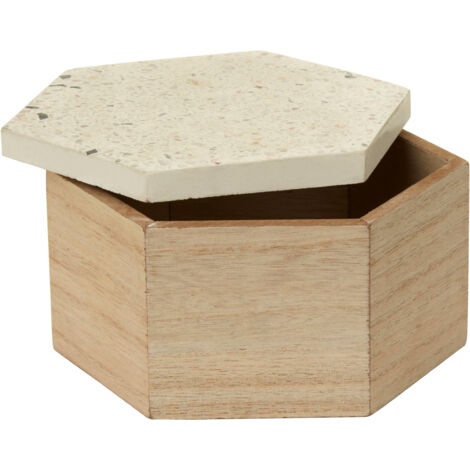 Premier Housewares Beige Small Terrazzo Effect Trinket Box Wooden Jewellery Box Display Case Small Storage Case Accessory Storage Hexagonal Shape 15 x 8 x 13