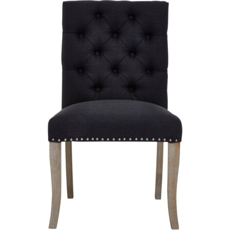 Premier Housewares Black Buttoned Dining Chair/ Antique Rubberwood Legs Chairs For Bedroom Black Linen Upholstery Rectangular Back Button Tufted Detail 62 x 97 x 56