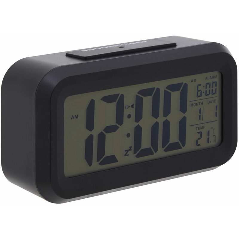 Premier Housewares - Black LCD Digital Clock Small Desk Clock / Alarm Clock Battery Powered Lightweight Temperature Sensor Contemporary w14 x d5 x