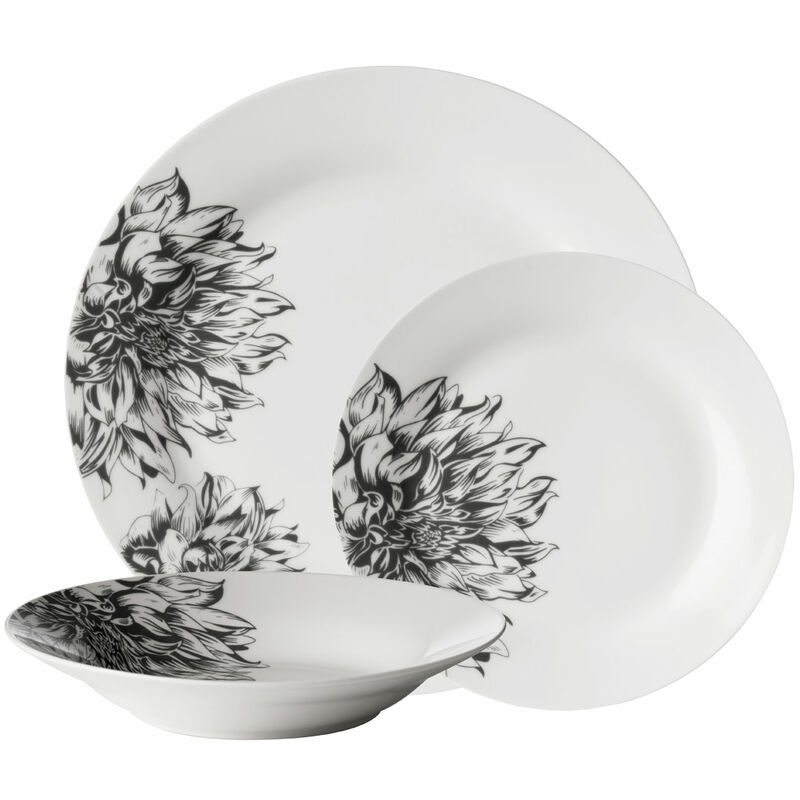 Black / White Dinner Sets for Dinner or Lunch / Modern Flower Motif Design Dinner Set for 12 / High-Quality Plates Set Made of Dolomite 28 x 17 x 28