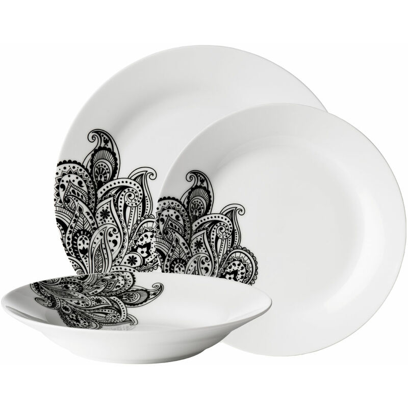 Black / White Dinner Sets for Dinner or Lunch / Modern Motif Design Dinner Set for 12 / High-Quality Plates Set Made of Dolomite 28 x 17 x 28