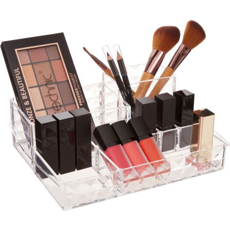 Premier Housewares Cosmetic Organiser with 11 Wide Compartments Clear Diamond Multipurpose Storage Statement Piece for Dresser / Bathroom w18 x d24 x h9cm