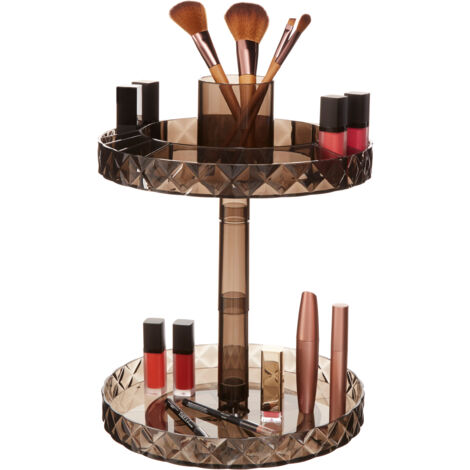 Premier Housewares Cosmetic Organiser With 2 Tier Black Round Compartments Clear Diamond Multipurpose Storage Statement Piece for Dresser / Bathroom With Rotating Base W26 X D26 X H34cm.