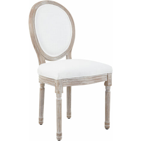 Premier Housewares Cream Dining Chair/ Antique Rubber Wood Carved Legs Chairs For Bedroom Linen Upholstery Oval Back With Padded Detail 55 x 97 x 50