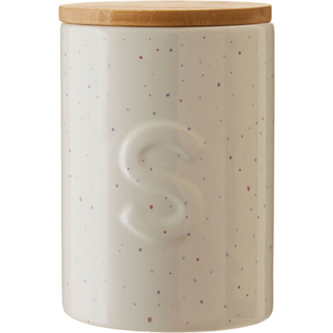 Premier Housewares Cream Finish Sugar Canister Speckle Pattern Airtight Jar Round Wooden Lid Kitchen Storage Jars Canister For Sugar Coffee Tea 10 x 15 x 10