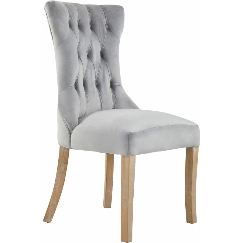 Grey Buttoned Dining Chair/ Antique Rubberwood Legs Chairs For Bedroom Grey Velvet Upholstery Hourglass Back Button Tufted Detail 65 x 102 x 54