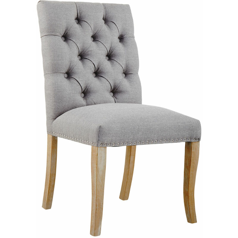 Grey Buttoned Dining Chair/ Antique Rubberwood Legs Chairs For Bedroom Linen Upholstery Rectangular Back Button Tufted Detail 62 x 97 x 56 - Premier