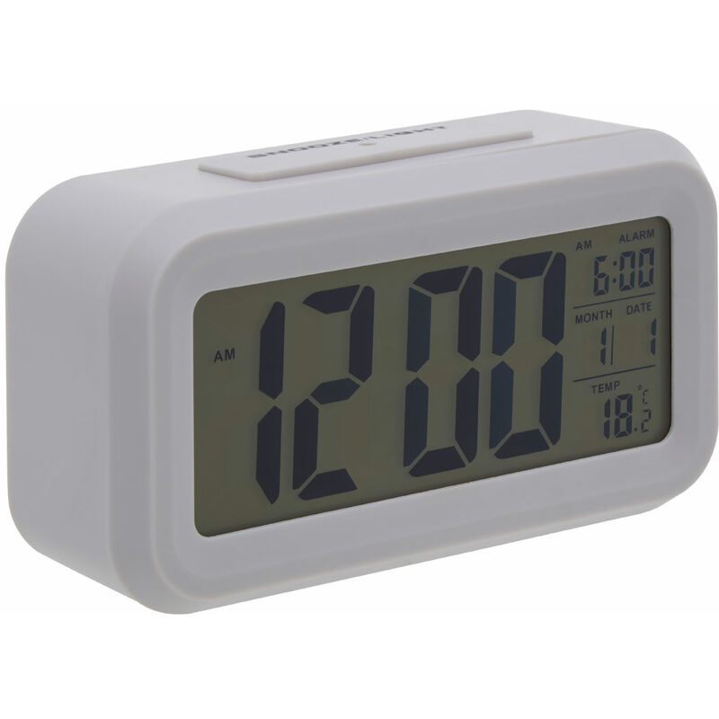 Premier Housewares - Grey LCD Digital Clock Small Desk Clock / Alarm Clock Battery Powered Lightweight Temperature Sensor Contemporary w14 x d5 x h8cm