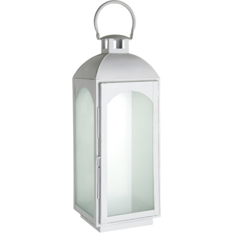 Premier Housewares Large Mild Steel Lantern White Wash Finish Frosted Glass Detail Small Size Display Pillar Candle d18 x h50 x w19 cm