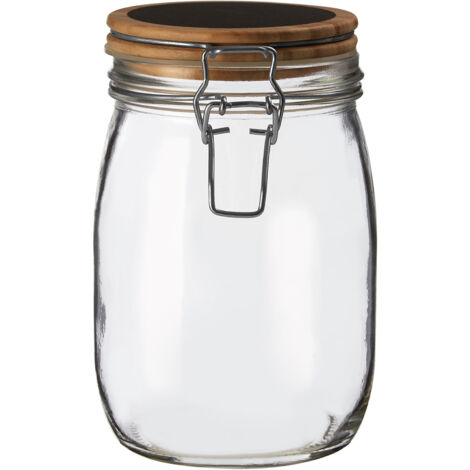 Premier Housewares Medium Glass Storage Jar With Pine Wood Lid Transparent Jars For Kitchen Storage Coffee Tea Sugar Black Chalkboard On Top 11 x 11 x 18