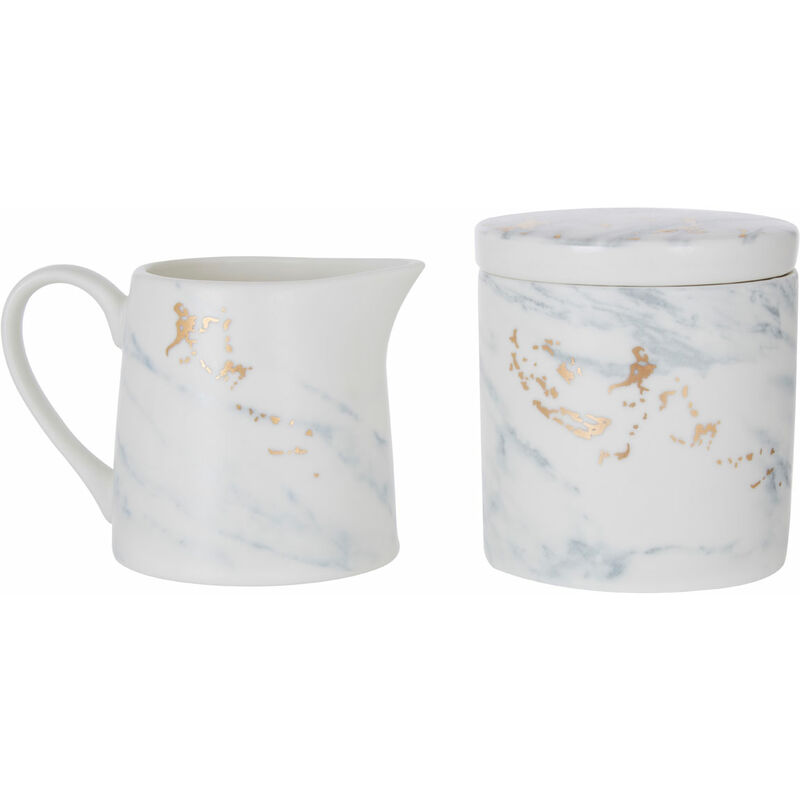 Milk Pots Marble Effect Milk Jug And Sugar Bowl Set Porcelain Pot And Creamer Durable Sugar Pot With Metallic Hue 8 x 8 x 11 - Premier Housewares