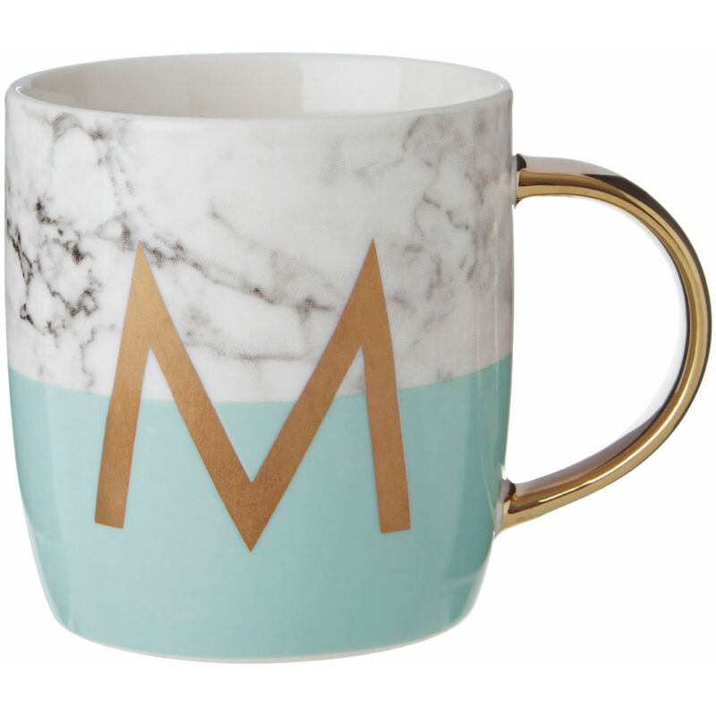 Premier Housewares Mimo Pastel Green M Letter Monogram Mug Large Coffee / Tea Mug Stylish Marble Pattern With Golden Handle H20 x W8 x D20 cm