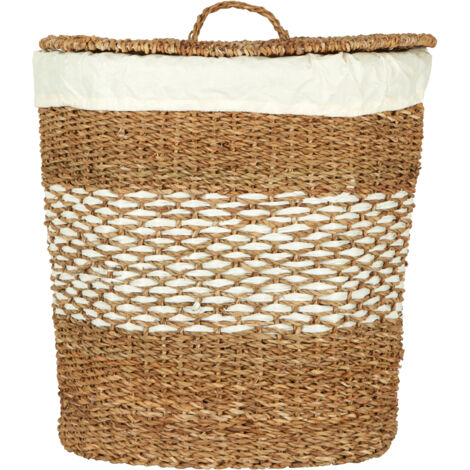 Premier Housewares Natural Oval Seagrass Basket With Lid Woven Storage Basket With Removable White Liner Eco Friendly Hamper Basket Picnic Basket 39 x 49 x 49