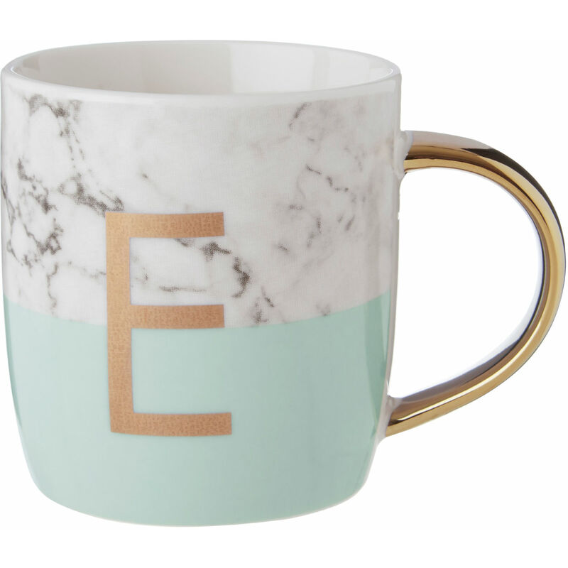 Premier Housewares Pastel Green E Letter Monogram Mug Large Coffee / Tea Mug Stylish Marble Pattern With Golden Handle 9 x 9 x 12