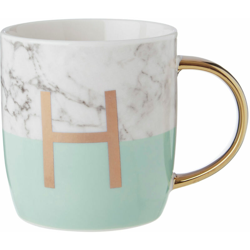 Premier Housewares Pastel Green H Letter Monogram Mug Large Coffee / Tea Mug Stylish Marble Pattern With Golden Handle 9 x 9 x 12