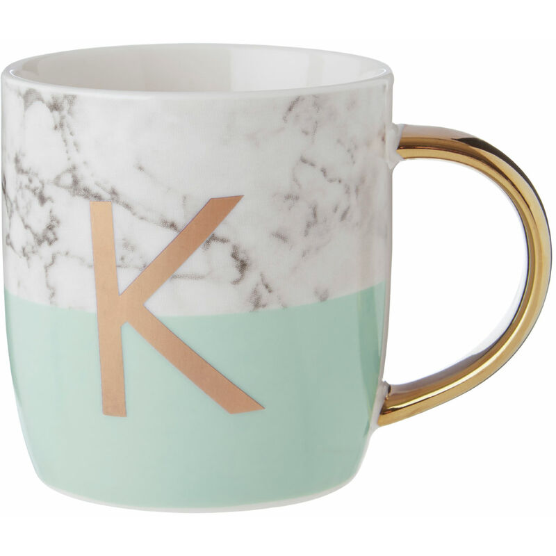 Premier Housewares Pastel Green K Letter Monogram Mug Large Coffee / Tea Mug Stylish Marble Pattern With Golden Handle 9 x 9 x 12
