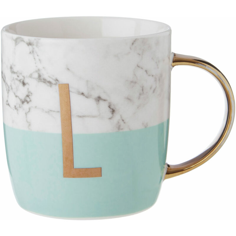 Premier Housewares Pastel Green L Letter Monogram Mug Large Coffee / Tea Mug Stylish Marble Pattern With Golden Handle 9 x 9 x 12